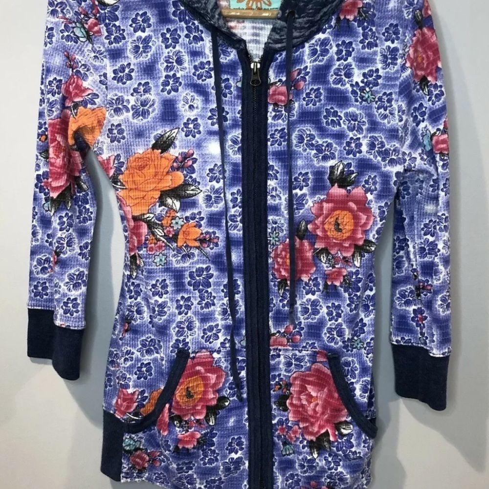 Free People Thermal 3/4 Sleeve Full Zip Hooded Jacket Size M